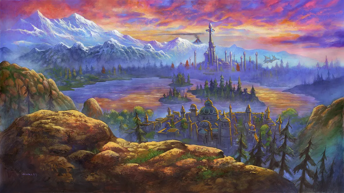 Golden buildings above a river valley in Blizzard’s official Forever artwork